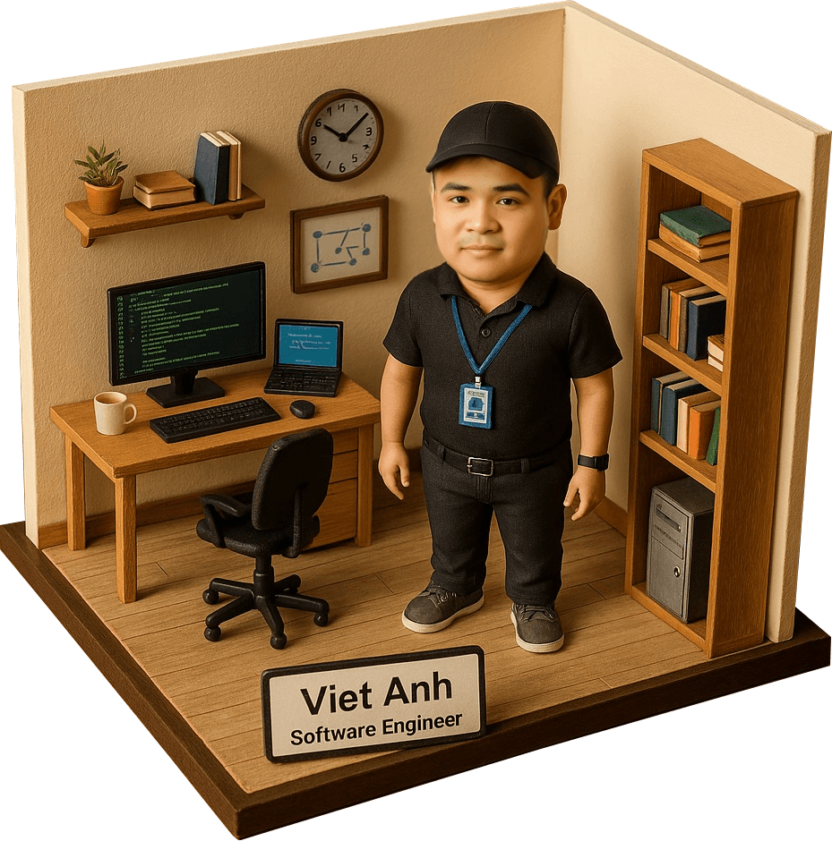Illustrated diorama of Viet-Anh Nguyen at a desk with a monitor showing code, a laptop, and a bookshelf